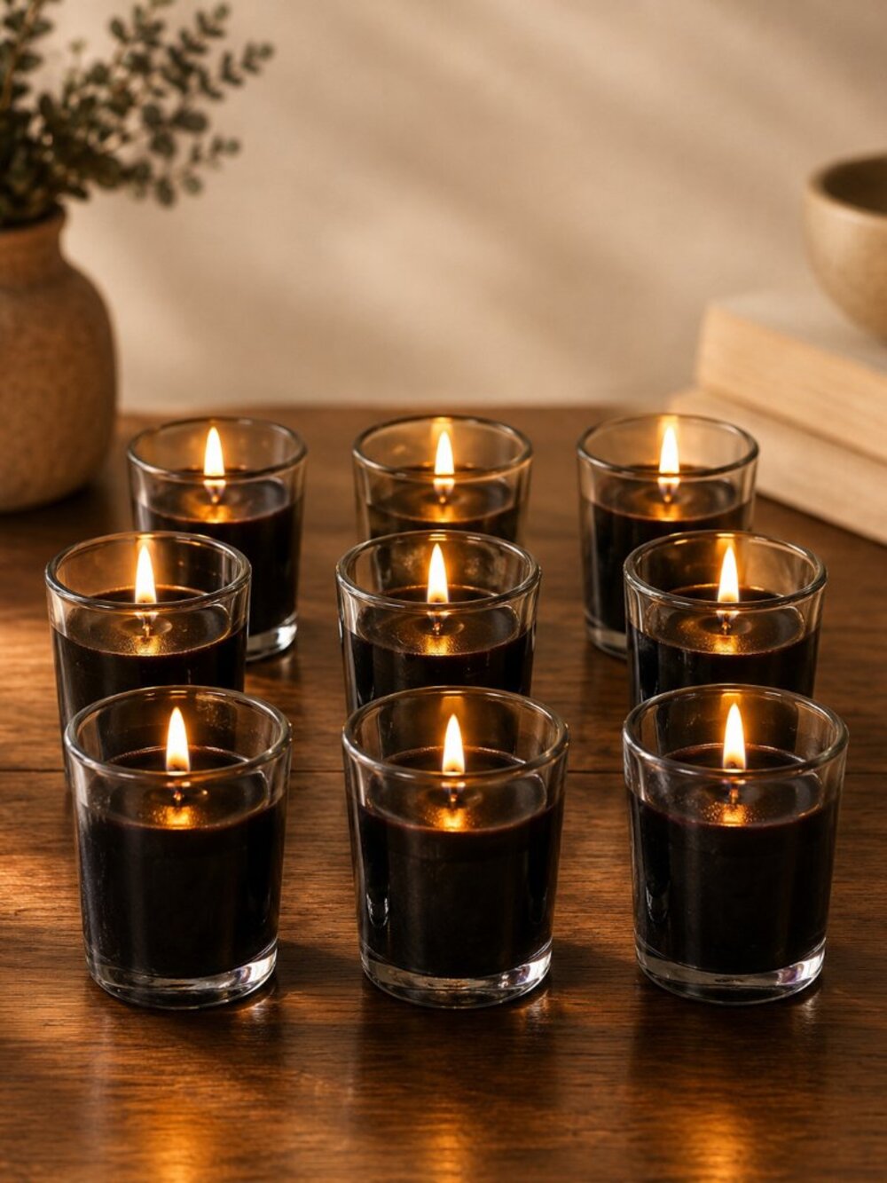 Set of 9 Purple Votive Candles in Glass Holders